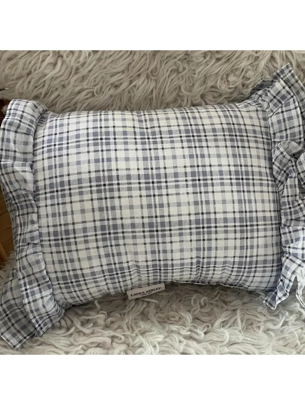Laura Ashley Cassidy Blue & White Plaid Throw Pillow Ruffle Edge 11x17”